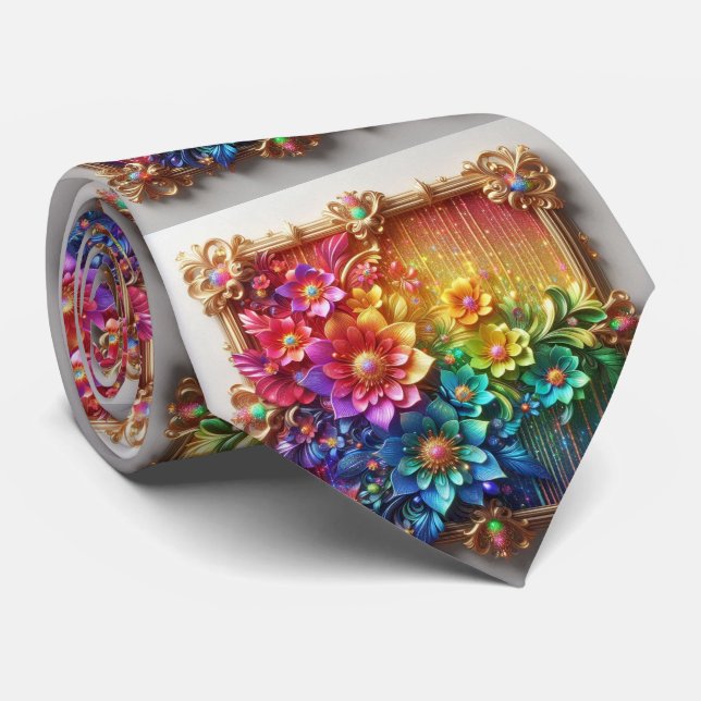 Gravata Flamboyant Neck Tie | Rainbow Flowers Faux Glitter (Rolled)