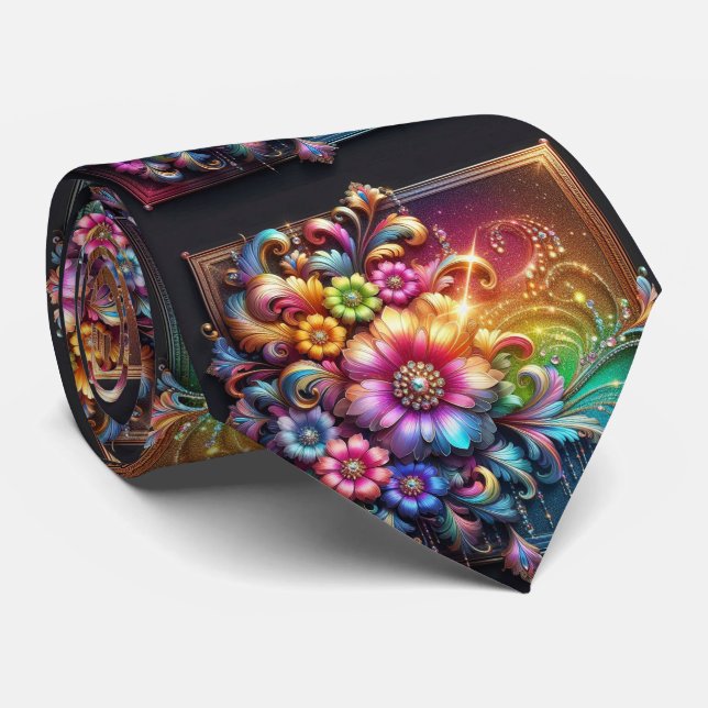 Gravata Flamboyant Neck Tie | Rainbow Flowers Faux Glitter (Rolled)
