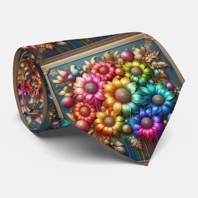 Gravata Flamboyant Neck Tie | Rainbow Flowers Faux Glitter (Rolled)
