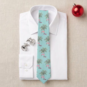 Gravata Flamingo Azul em Chapéu de Papai Noel com Palmeira