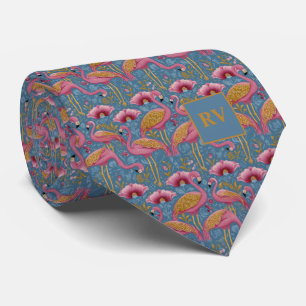 Gravata Flamingos com Penas Douradas em Azul