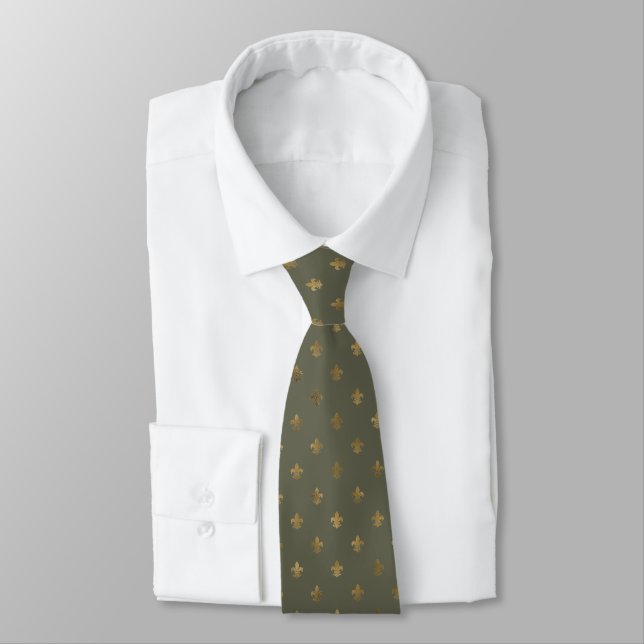 Gravata Fleur de Lis Necktie verde e Dourada masculina (Amarrado)