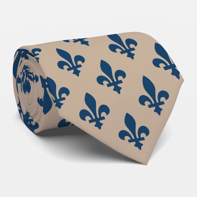 Gravata Fleur de Lis Pattern, Royal French Blue em Creme (Rolled)