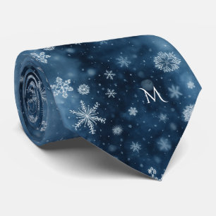 Gravata Floco de Neve de Inverno Azul Meia-Noite Monograma