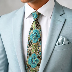 Gravata flor azul-azul-turquesa prateada boêmica