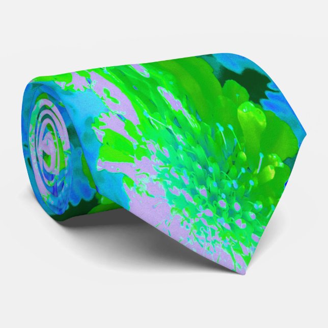 Gravata Flor de Retró Abstrata em Lavanda e Verde Lima (Rolled)