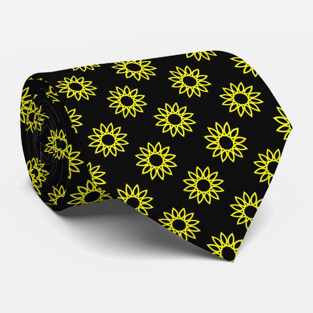 Gravata Flor Geométrico 01 - Amarelo em Preto (Rolled)
