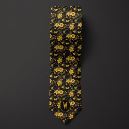 Gravata Floral Amarelo Âmbar em Preto