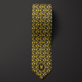 Gravata Floral Amarelo Creme de Manteiga sobre Preto