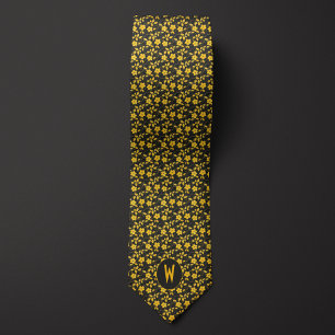 Gravata Floral Amarelo Creme de Manteiga sobre Preto