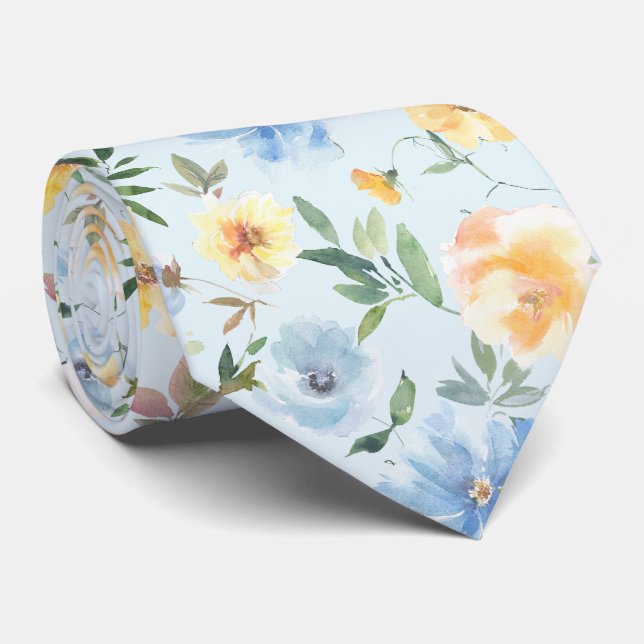 Gravata Floral Azul e Amarela (Rolled)