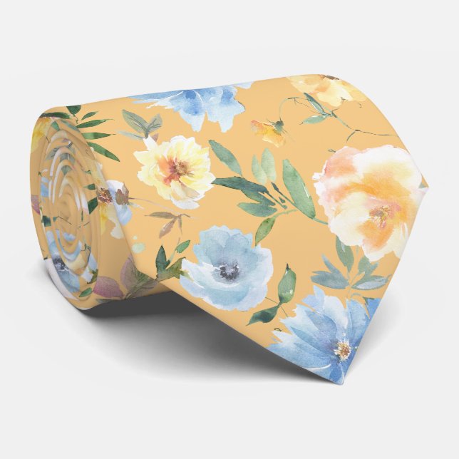 Gravata Floral Azul e Amarela (Rolled)
