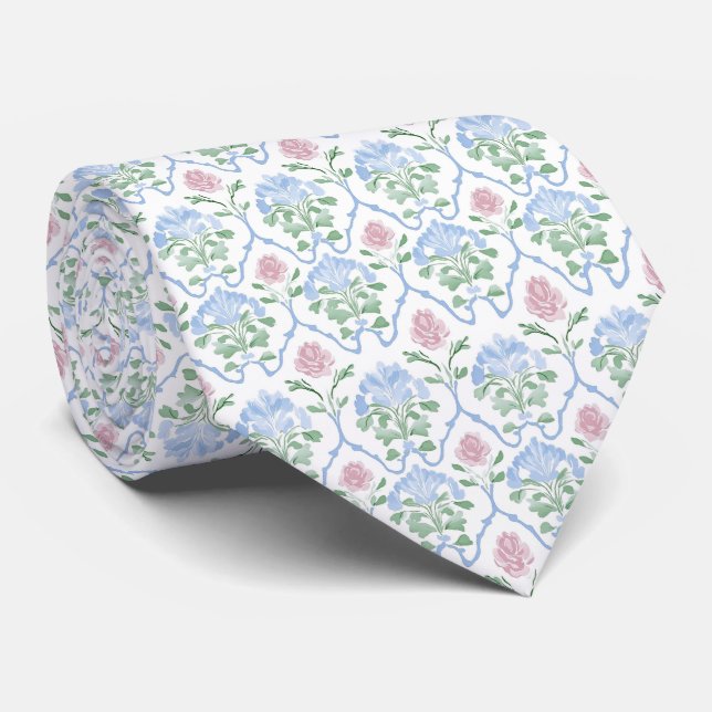 Gravata floral branca rosa azul (Rolled)