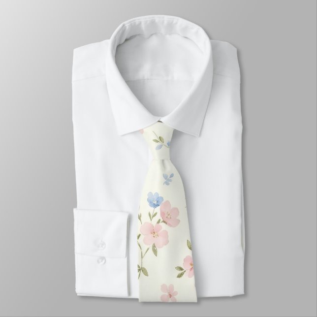 gravata floral com flores rosa e azul (Amarrado)