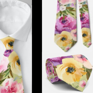 Gravata floral de garganta verde primavera amarelo