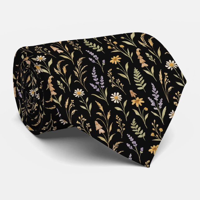 Gravata Floral de Prado de Flores Silvestres Boho Preto (Rolled)
