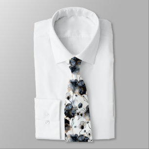 Gravata Floral Elegante Preto Branco Dourado Moderno 