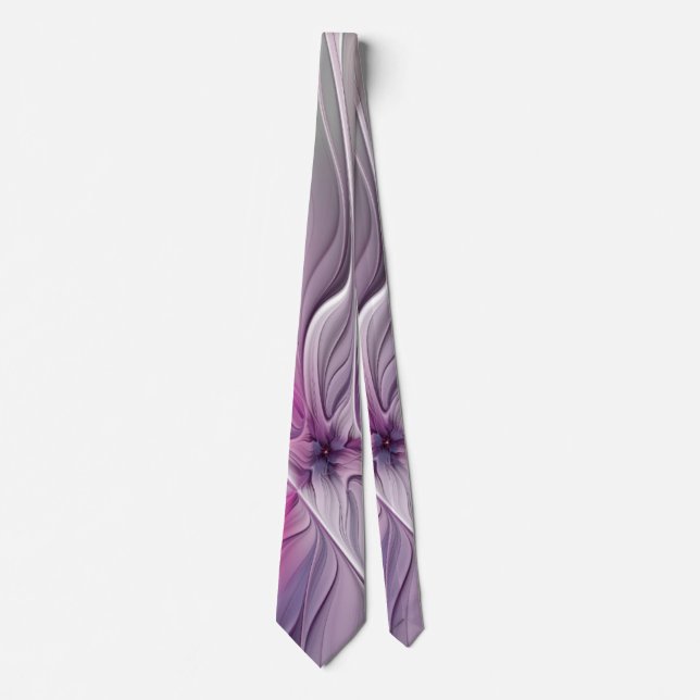 Gravata Floral Fractal Moderno Abstrato Flor Rosa Cinza (Frente)