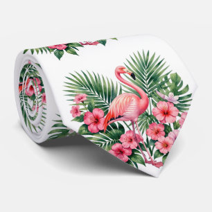 Gravata Floral Havaiano de Flamingo Rosa Aquarela Tropical