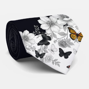 Gravata Floral Preto e Branco e borboletas