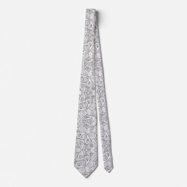 Gravata Floral Preto e branco Paisley  (Frente)