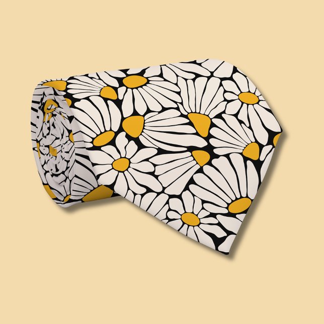 Gravata Floral retro mostarda amarelo creme preto (Retro floral daisy dream tie)