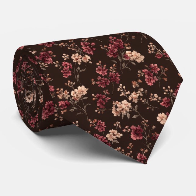 Gravata Floral Rosa Borgonha Marrom para Casamento (Rolled)