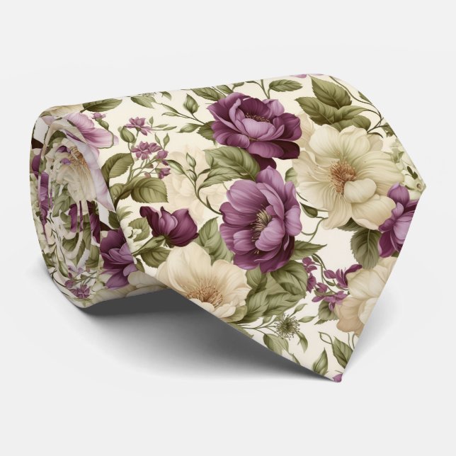 Gravata Floral Roxa e Branca (Rolled)