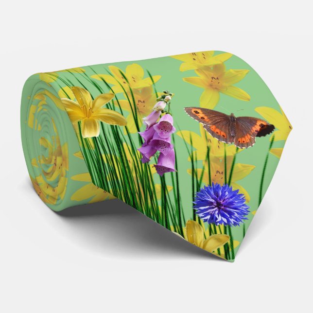 Gravata Floral Sage com Borboleta Libélula (Rolled)
