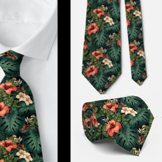 Gravata Floral Tropical Verde Aloha Havaí Havaiano