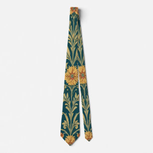 Gravata Floral Vermelho e Amarelo Vintage em Azul Escuro