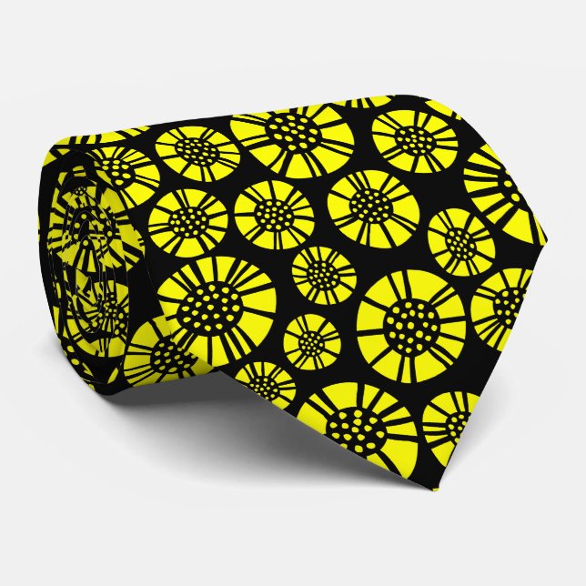 Gravata Flores Abstratas 031023 - Amarelo no Preto (Rolled)
