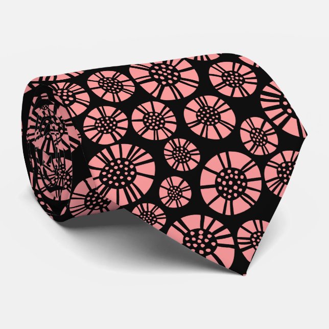 Gravata Flores Abstratas 031023 - Rosa Suave no Preto (Rolled)