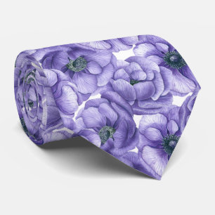 Gravata Flores anêmonas violetas padrão aquarela