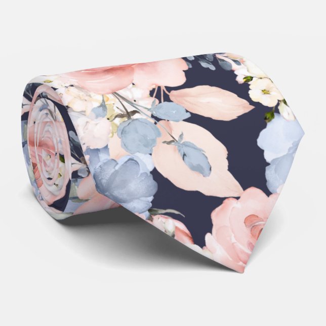 Gravata Flores Aquarela Azul Empoeirado Rosas Rosa Empoeir (Rolled)