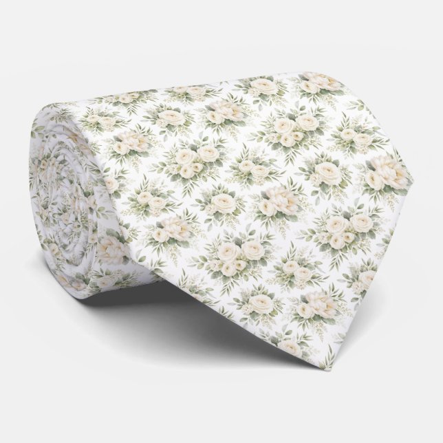 Gravata Flores Aquarela Creme Branco para Noivos  (Rolled)