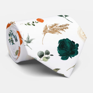 Gravata Flores Aquarela Floresta Verde Ferrugem Laranja Ro