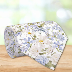 Gravata Flores Azuis em Aquarela Casamento Floral Elegante