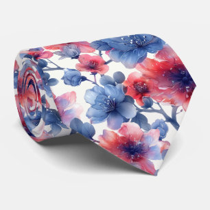 Gravata Flores azuis, vermelho-aquarelas, em branco