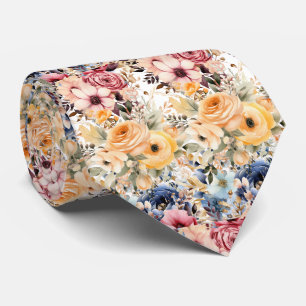 Gravata Flores Azul Naval Empoeirado e Rosa Pêssego Floral