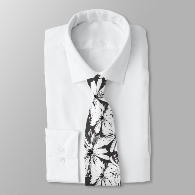 Gravata Flores brancas em cinzas escuras (Amarrado)