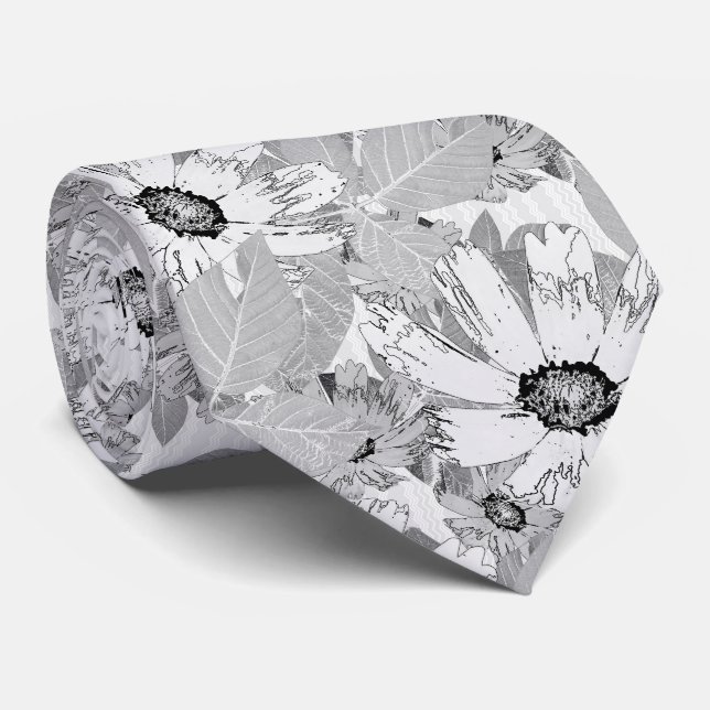 Gravata Flores brancas em cinzas leves. (Rolled)