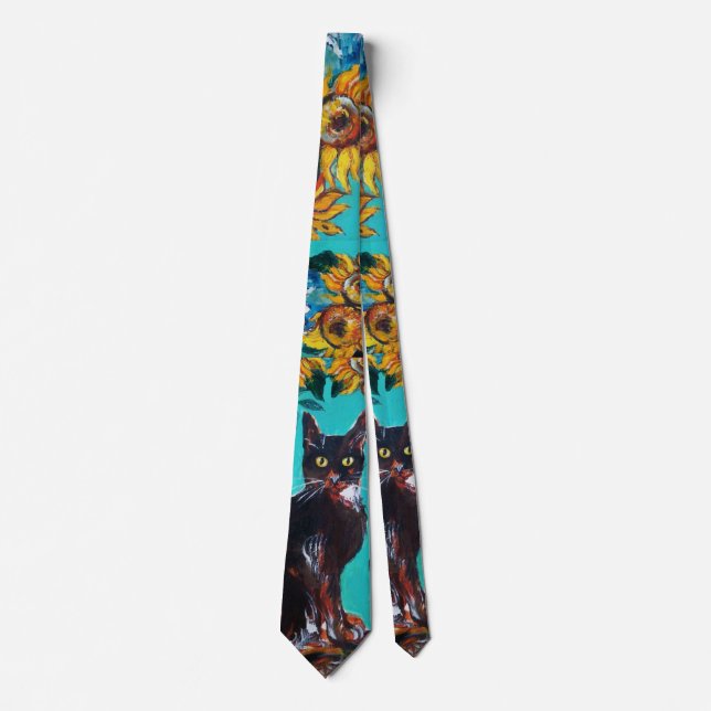 GRAVATA FLORES COM GATO PRETO EM AZUL TURQUOISTA (Frente)