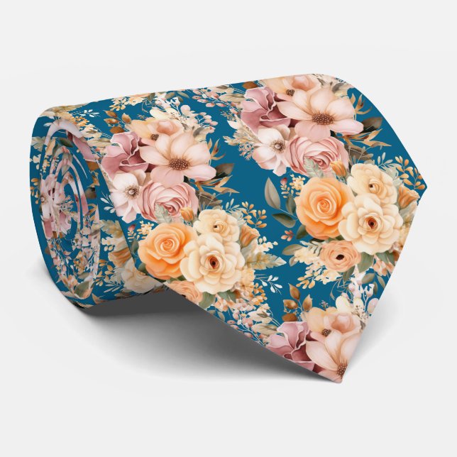 Gravata Flores cor-de-rosa e azul-Marinho poeirento (Rolled)