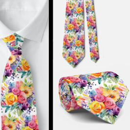 Gravata Flores da Primavera Arco-Íris Colorido Aquarela Fl