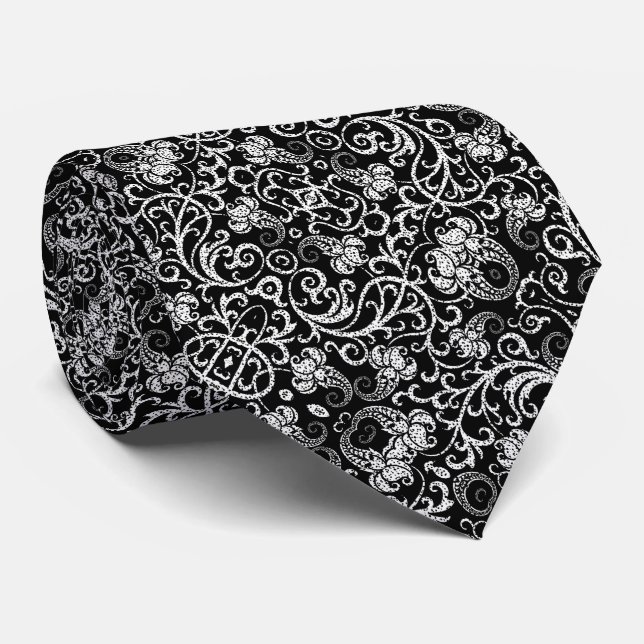 Gravata Flores dalmacianas negras, brancas, design de fund (Rolled)
