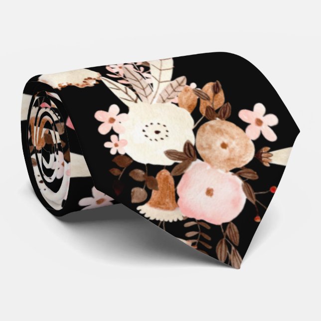 Gravata  Flores de Aquarela Elegantes, Cor de Rosa e Preto (Rolled)