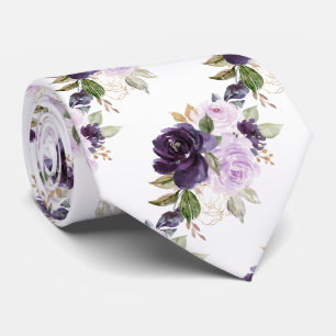 Gravata Flores de Aquarela Lavanda Roxo Lilás Rosas  