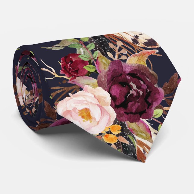 Gravata Flores de Aquarela PixDezines Boho Blush Burgundy (Rolled)