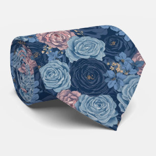 Gravata Flores de Aquarela Rosas Azuis Navy Empoeiradas